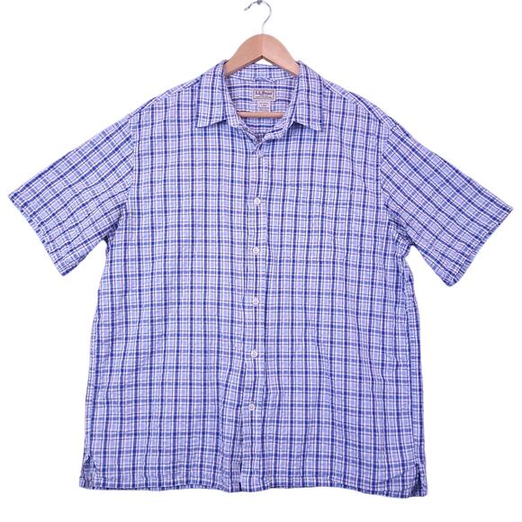 L.L. Bean Men's Short Sleeve Plaid Button-Up Shirt Sz Large Blue & White Casual - Picture 2 of 10